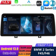 BMW F45/F46 Android 13 Autoradio DVD GPS Navigation avec 8-Core 8Go+256Go Écran Tactile Bluetooth 5.0 Telecommande au Volant DSP SWC DAB USB WiFi 4G LTE CarPlay - 12,5" Android 13.0 Autoradio Lecteur Multimédia Stéréo pour BMW Série 2 F45/F46 (2013-2016)