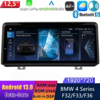 BMW F32/F33/F36 Android 13 Autoradio DVD GPS Navigation avec 8-Core 8Go+256Go Écran Tactile Bluetooth 5.0 Telecommande au Volant DSP SWC DAB WiFi 4G LTE CarPlay - 12,5" Android 13.0 Autoradio Lecteur Multimédia Stéréo pour BMW Série 4 F32/F33/F36 (De 2017