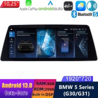 BMW Série 5 G30/G31 Android 13 Autoradio DVD GPS Navigation avec 8-Core 8Go+256Go Écran Tactile Bluetooth 5.0 Telecommande au Volant DSP SWC DAB SD USB WiFi 4G LTE CarPlay - 10,25" Android 13.0 Autoradio Lecteur Multimédia Stéréo pour BMW Série 5 G30/G31 