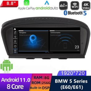 BMW E60 E61 Android 11 Autoradio DVD GPS Navigation avec 8-Core 8Go+256Go Écran Tactile Bluetooth 5.0 Telecommande au Volant DSP SWC DAB USB WiFi 4G LTE CarPlay - 10,25